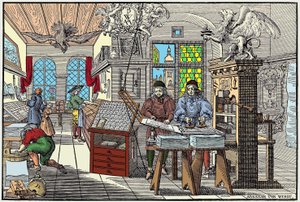 Innenansicht einer Druckerei in Nürnberg, Deutschland: Arbeiter bei der Arbeit, Anfang des 17. Jahrhunderts - graviert von Abraham van Werdt