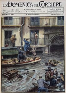 Ein Zyklon entlud eine riesige Wassermenge über Palermo, überschwemmte Plätze, Straßen und zwang die Menschen, ihre Häuser zu verlassen und Zuflucht in Booten zu suchen. Diese Überschwemmungen führten zu mehreren Opfern - Zeichnung von A. Beltrame in „la D