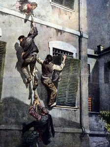 Eine gewagte Flucht von vier Insassen aus dem Gefängnis von Asti nach dem Durchbruch durch die Mauer. Zeichnung von Beltrame. La Domenica del Corriere. 1902. von Achille Beltrame