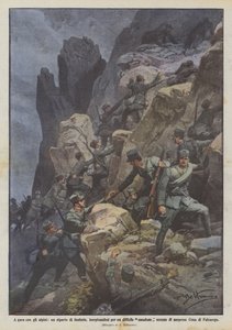 Wettlauf mit den Alpenjägern, eine Infanterieeinheit erklimmt eine schwierige Schlucht und besetzt sie von Achille Beltrame