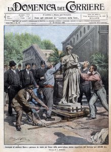Eine vom Staat für 450.000 Lire gekaufte Statue wird nach Rom gebracht und an Minister Rava übergeben. Ill. von Beltrame. La Domenica del Corriere. 10/1909.
