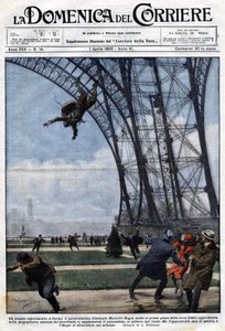 Ein tragisches Erlebnis: Amateur-Fallschirmspringer Marcel Haget, Illustration von Beltrame, La Domenica del Corriere, 01 von Achille Beltrame