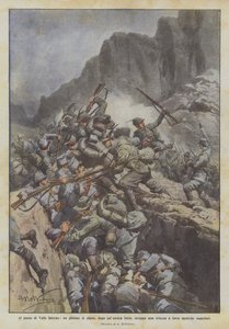 Am Pass von Valle Inferno, ein Zug Alpenjäger erobert nach heldenhaftem Kampf einen Schützengraben