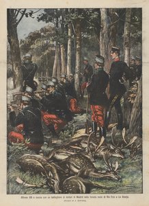 Alfons XIII. auf der Jagd mit einem Bataillon Soldaten aus Madrid im königlichen Wald von Rio Frio in La Granja