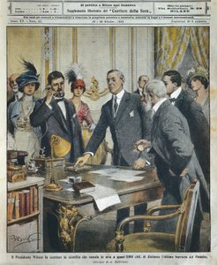 Amerikanischer Präsident Woodrow Wilson löst telegraphisch die Sprengung der letzten Barriere des Panamakanals aus, Illustration von Achille Beltrame von Achille Beltrame