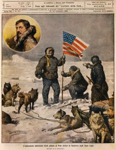 Amerikanischer Entdecker Cook pflanzt die US-Flagge am Nordpol, Illustration von Achille Beltrame (1871-1945), aus La Domenica del Corriere, 12. September von Achille Beltrame