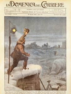 Amerikanischer Entdecker Richard E. Byrd, der nach fünf Monaten allein in der Antarktis von Gefährten begleitet wird, von Achille Beltrame, Illustration, Illustrator Achille Beltrame (1871-1945), aus La Domenica del Corriere, 26. August 1934