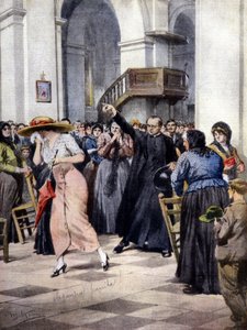 Ein Beispiel religiösen Moralismus: Eine junge Frau wird von einem Priester und den Gläubigen aus der Kirche gejagt, weil sie leicht bekleidet ist. Ill. von A. Beltrame. "La Domenica del Corriere"