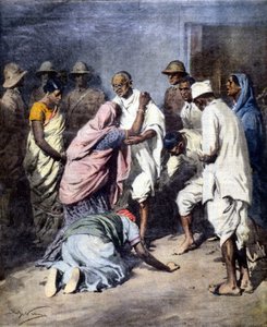 Verhaftung von Mahatma Gandhi (1869 - 1948). Ill. von Achille Beltrame. La Domenica del Corriere. 1932 von Achille Beltrame