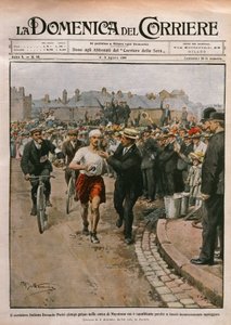 Ankunft von Dorando Pietri (1885-1942) im Marathon, Londoner Olympiade, Illustration von Achille Beltrame aus La Domenica del Corriere, 2.-9. August