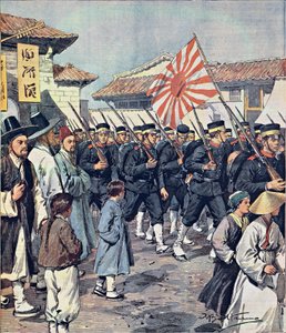 Ankunft japanischer Truppen in Korea, von Achille Beltrame (1871-1945), Illustration aus La Domenica del Corriere, 21. Februar
