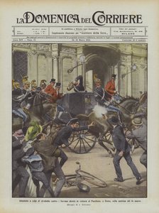 Attentat mit Revolverschüssen auf die Monarchen auf dem Weg zum Pantheon in Rom am Morgen des 14. März von Achille Beltrame