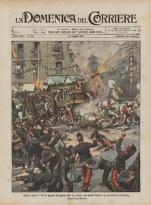 Attentat auf den König von Spanien am Tag seiner Hochzeit, eine Bombe wurde aus einem Fenster auf den Zug geworfen von Achille Beltrame