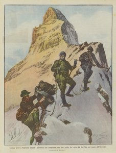 Kühne Demonstration menschlicher Energie, Bergsteiger, der mit zwei Führern den Gipfel des Matterhorns im Winter erobert von Achille Beltrame