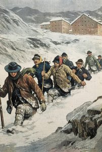 Italienische Arbeiter überqueren den St. Bernhard-Pass zwischen Aosta und der Schweiz. Titelblatt von „La Domenica del Corriere“. 14.02.1904. Lithografie.