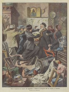 Räuberbande von Mädchen, die einen Antiquitätenhändler in seinem Geschäft in Warschau angreift und beraubt von Achille Beltrame