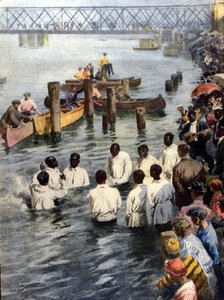 Taufzeremonie im Cedar River in Iowa (USA) von schwarzen Mitgliedern der Church of God Sekte. Ill. von A. Beltrame. La Domenica del Corriere