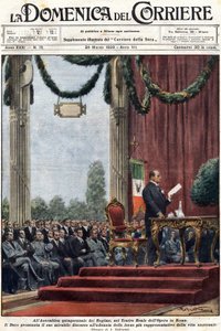 Benito Mussolini hält seine Rede im Teatro Reale der Oper in Rom vor den Führern des Regimes (Illustration von Achilles Beltrame, „Domenica del Corriere“ vom 24. März 1929) von Achille Beltrame