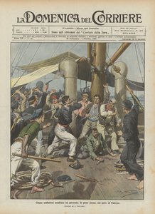 Fünf Verbrecher überfallen ein Dampfschiff am helllichten Tag im Hafen von Palermo von Achille Beltrame