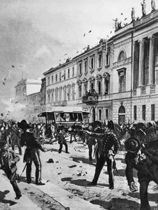 Zusammenstoß zwischen Demonstranten und Polizei in Mailand, Corso Venezia, vor dem Palazzo Saporiti, 7. Mai von Achille Beltrame