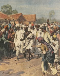 Titelillustration von Gandhi und achtzig Märtyrern auf dem Weg zur Salzpfanne von Jalalpur, Illustration von Achille Beltrame