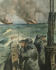 Titelillustration von anglo-amerikanischen Dampfschiffen, die vor der Küste Westafrikas während des Zweiten Weltkriegs torpediert werden