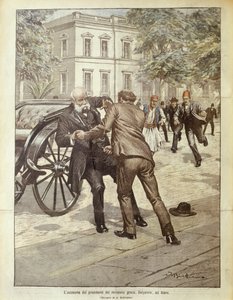 Titelillustration des Attentats auf den griechischen Premierminister Delyannis; Athen, Griechenland