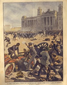 Titelbild von Kämpfen auf dem Parlamentsplatz während der Budapester Rebellion von Achille Beltrame