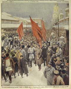 Titelillustration von hunderttausend Arbeitern, die zum Gedenken an den Blutsonntag von 1905 marschieren; Sankt Petersburg, Russland