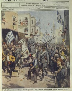 Titelillustration der siegreichen griechischen Armee beim Einzug in Thessaloniki während des Niedergangs des türkischen Reiches
