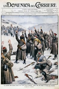 Niederlage der zehnten russischen Armee in Ostpreußen: Russische Soldaten heben die Arme zur Kapitulation, Tafel von Achille Beltrame (1871-1945) aus La Domenica del Corriere, 28. Februar-7. März 1915 von Achille Beltrame