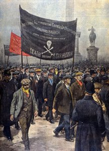 Demonstration streikender Bergleute. London 1922. Illustration von Achille Beltrame. „La Domenica del Corriere“ von Achille Beltrame