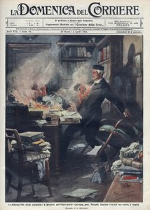 Gestorben in seinem Labor in Neapel von Giuseppe Mercalli, italienischer Seismologe und Vulkanologe. Illustration von Achille Beltrame für „La Domenica del Corriere“. 1914.