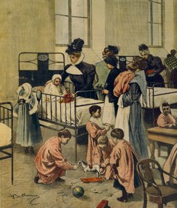 Verteilung von Weihnachtsgeschenken an arme Kinder im Krankenhaus, Illustration von Achille Beltrame