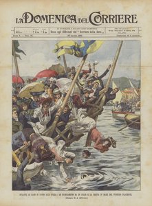Während der Schwimmwettbewerbe in La Spezia, der Zusammenbruch einer Tribüne und der Sturz des applaudierenden Publikums ins Meer von Achille Beltrame