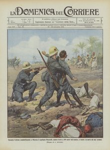 Während des letzten Kampfes in Misrata, Hauptmann Piscicelli, verwundet gefallen in 100 Metern Entfernung von Achille Beltrame