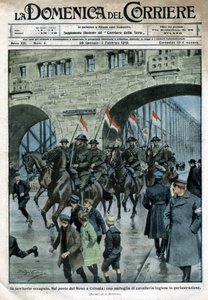 Englische Präsenz in Deutschland: Militärtruppen auf einer Rheinbrücke in Köln. Illustration von Beltrame. La Domenica del Corriere. 01/1919 von Achille Beltrame
