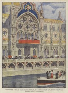 Ausstellung in Paris, der Eröffnungszug passiert auf der Seine den Pavillon von Italien von Achille Beltrame