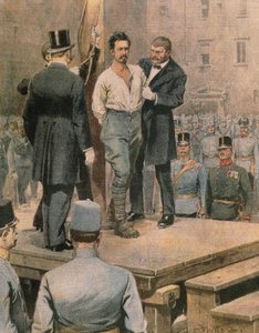 Hinrichtung von Cesare Battisti in Trento, von Achille Beltrame, Illustration, Illustrator Achille Beltrame (1871-1945), aus La Domenica del Corriere, Juli 1916 von Achille Beltrame