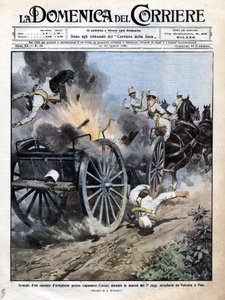 Explosion einer Artilleriekiste in der Nähe von Capannori (Lucca) während des Transfers des 7. Artillerieregiments von Volterra nach Pisa. Illustration von Beltrame. „La Domenica del Corriere“. 15-23/08/1909