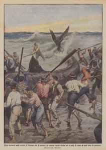 Heftiger Sturm in der Straße von Messina, der einen riesigen Hai an den Strand spült, der dann mit Ruderschlägen getötet wird