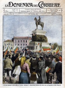 Erster Balkankrieg: Demonstrationen vor der Statue des Zaren in Sofia, Bulgarien - Illustration von Beltrame in La Domenica del Corriere - Oktober 1912 (Erster Balkankrieg: Demonstration in Sofia, Bulgarien)