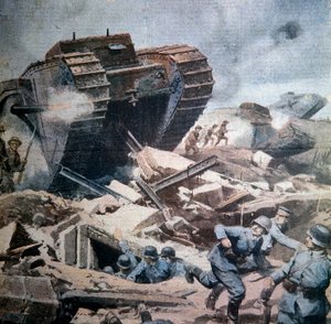 Angriffe englischer Panzer in der Picardie (Illustration von Achilles Beltrame aus La Domenica del Corriere 1916)