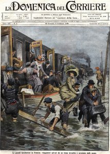 Überschwemmungen in der Umgebung von Paris im Januar 1910. Titelbild der „Domenica del Corriere“ vom 6. Februar von Achille Beltrame