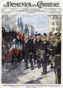 Französischer Präsident Armand Fallieres verleiht die Ehrenlegion-Medaille, Ill. von Beltrame, La Domenica del Corriere, 31.03.1907