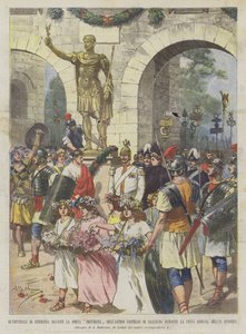 Die Kaiser von Deutschland vor dem Decumanus-Tor der alten Burg von Saalburg während... von Achille Beltrame