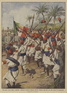Die eritreischen Askaris paradieren vor der ruhmreichen Fahne des 84. Infanterieregiments während ihres Ausflugs