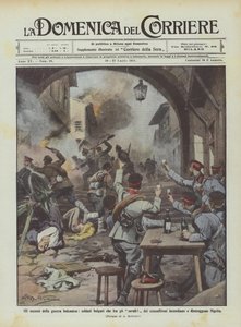 Die Exzesse des Balkankriegs, bulgarische Soldaten zünden unter dem Jubel ihrer Kameraden Häuser an von Achille Beltrame