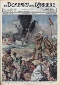 Große Arabische Revolte von 1936-1939 in Palästina: Aufstand der palästinensischen Araber für die Schaffung eines unabhängigen Staates in Palästina gegen die britische Autorität. Die Engländer sprengten palästinensische Häuser. Illustration von Achille Bel