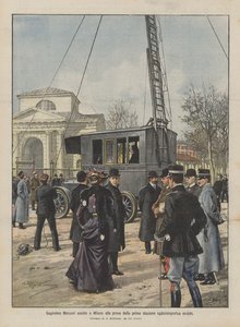 Guglielmo Marconi beobachtet in Mailand die Tests der ersten mobilen Funkstation von Achille Beltrame